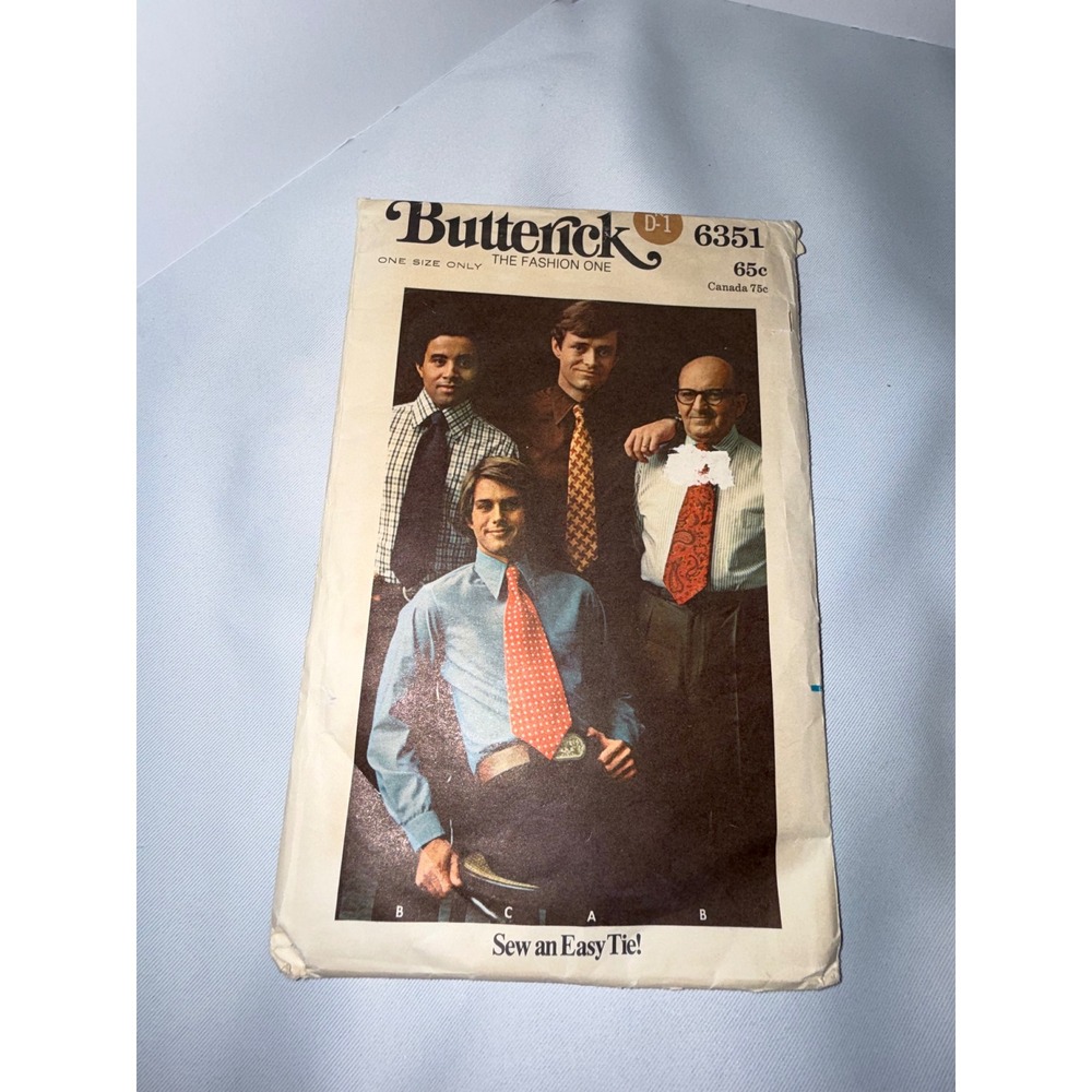 Vintage Butterick 6351 Mens Tie Sewing Pattern One Size Easy Wide Retro 1970s